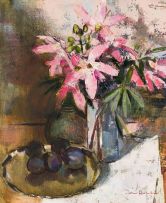 Irmin Henkel; Still Life with Lilies and Plums