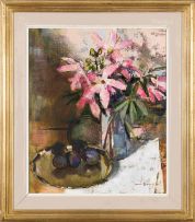 Irmin Henkel; Still Life with Lilies and Plums