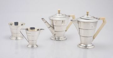 A George V four-piece silver and ivory tea set, Viner's Ltd, London & Sheffield, 1934-1936