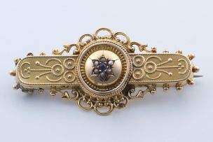 Victorian 15ct gold, sapphire and seed-pearl brooch, Birmingham 1890