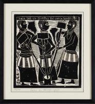 John Muafangejo; Three Girls Stamping the Corn in Ovambo, 1980