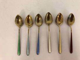 A cased set of six Danish silver-gilt and enamel coffee spoons, H.G. & S, 20th century, .925 sterling