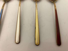 A cased set of six Danish silver-gilt and enamel coffee spoons, H.G. & S, 20th century, .925 sterling