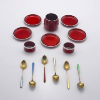 A cased set of six Danish silver-gilt and enamel coffee spoons, H.G. & S, 20th century, .925 sterling