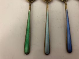 A cased set of six Danish silver-gilt and enamel coffee spoons, H.G. & S, 20th century, .925 sterling