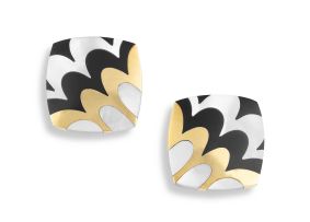 Pair of 18ct gold, mother-of-pearl and onyx earclips, Tiffany & Co, designed by Angela Cummings