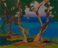Maggie Laubser; Trees at Lake with Boat