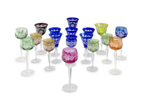 A miscellaneous set of eighteen crystal colour and cut-glass glasses, 20th century