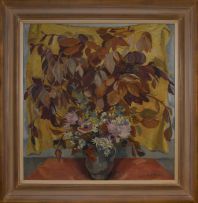 Maud Sumner; Leaves and Flowers in a Grey Jug