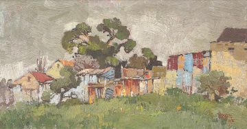 Gregoire Boonzaier; Old Tree, Galvanised Fence & Cottages