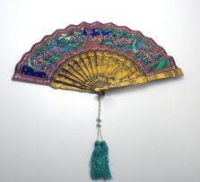 A Chinese Canton gilt lacquer and painted paper fan, 19th century