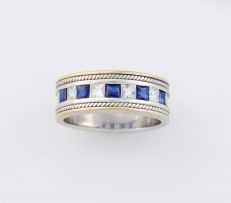 Sapphire, diamond and 18ct white and yellow gold half eternity ring