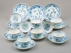 Ten Chinese Export blue and white teabowls and saucers, circa 1725