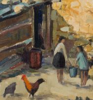 David Botha; Mother and Children Feeding Chickens