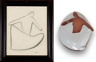 Kalahari Studio; Figure Holding a Cloth (Preliminary Drawing and Plate), two
