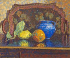 Maggie Laubser; Still Life with an Orange, a Lemon, Pot and Tray