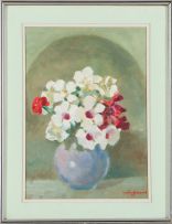 Nerine Desmond; Vase of Red and White Flowers