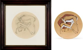 Kalahari Studio; Springbok Ewe and Lamb (Preliminary Drawing and Plate), two