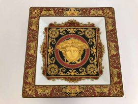A Rosenthal Versace red, gilt and black 'Medusa' pattern dish, 20th century