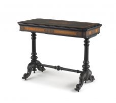 A Victorian ebonised and inlaid birds-eye-maple card table
