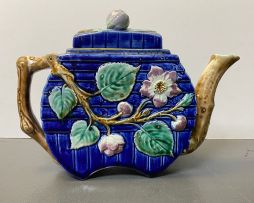 A Staffordshire blue, green, brown and purple crabstock teapot, late 19th/early 20th century
