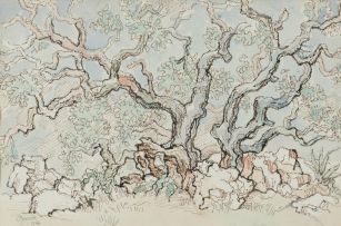 Gregoire Boonzaier; Twee Melkhoutbome en Rotse (Two Milkwood Trees and Rocks)