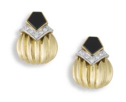Pair of diamond, onyx and gold earrings