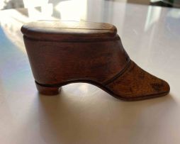 A treen piqué boot snuff box, 19th century
