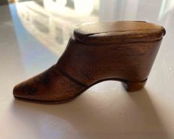 A treen piqué boot snuff box, 19th century