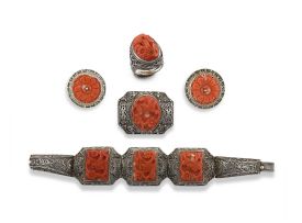 Chinese carved coral and silver bracelet, earrings, ring and brooch