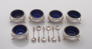 A cased set of six Victorian silver salts, Martin, Hall & Co, Sheffield, 1873 retailed by Arnold & Lewis, Manchester