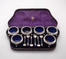A cased set of six Victorian silver salts, Martin, Hall & Co, Sheffield, 1873 retailed by Arnold & Lewis, Manchester