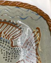 An earthenware-glazed dish, Juliet Armstrong, late 20th century
