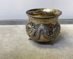 A Chinese Export miniature silver two-handled cauldron, late 19th century