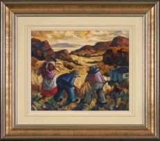 Hennie Niemann Snr; Harvesters in a Mountainous Landscape
