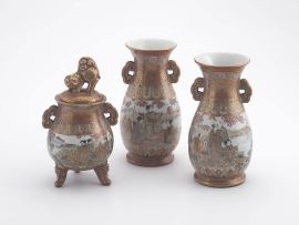 A pair of Japanese Kutani two-handled vases, Meiji period, 1868-1912