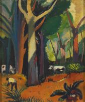 Pranas Domsaitis; Figure and Cows in a Forest