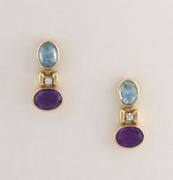 Pair of topaz, amethyst and 14ct gold drop earrings