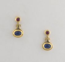 Pair of ruby, sapphire and 18ct gold drop earrings