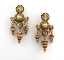 Pair of gold and gem-set pendant earrings, Indian