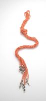 Six-strand salmon coral bead, agate and pearl open-ended necklace