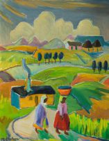 Maggie Laubser; Landscape with Houses and Figures
