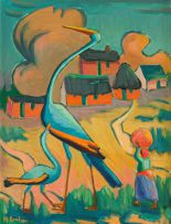 Maggie Laubser; Birds in a Landscape with Figure and Huts (Blue Cranes)
