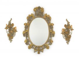 An Italian painted and gilt mirror and a pair of two-light wall sconces, en suite, 20th century