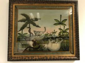 A Marie Amalia 'Bataille d'éléphants' reverse painting on glass, 20th century