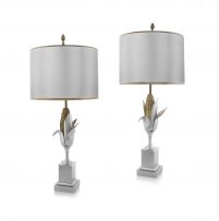 A pair of 'La Maison Charles' 'Epis de Maïs' silvered and gilt-bronze, brushed chrome and brass three-light lamps