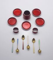 A cased set of six Danish silver-gilt and enamel coffee spoons, H.G. & S, 20th century, .925 sterling