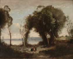 After Jean-Baptiste Camille Corot; Figures in a Wooded River Landscape