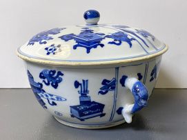 A Chinese blue and white two-handled covered bowl, Qing Dynasty, 19th century