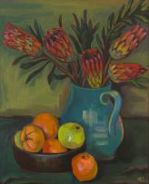 Maggie Laubser; Still Life with Proteas, Oranges and Apples